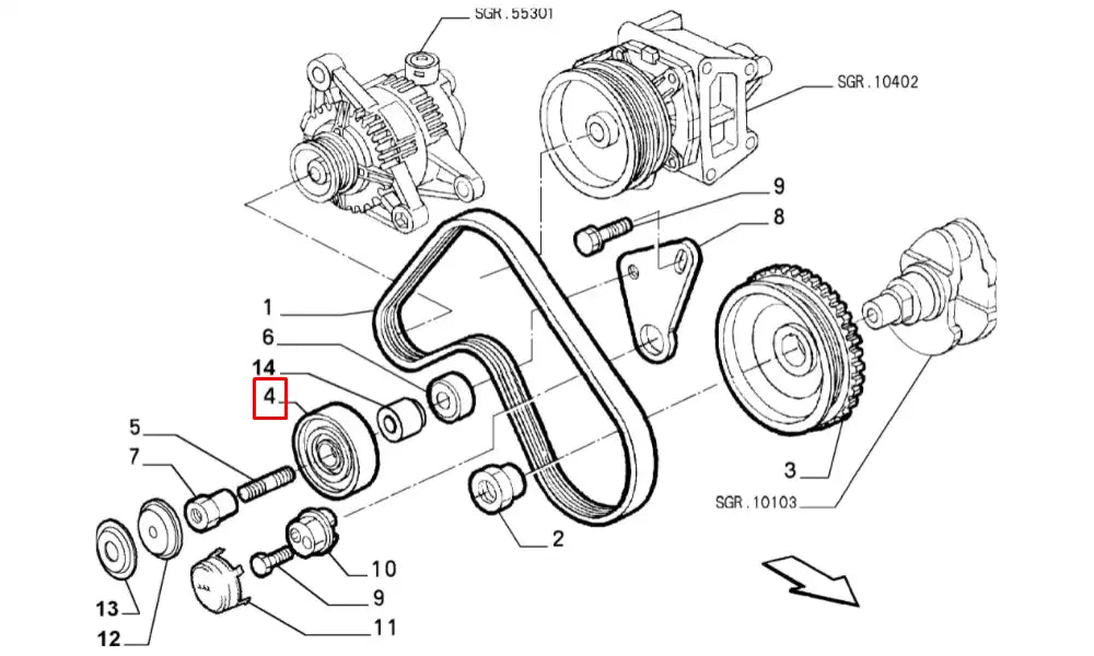 Stilo Alternatör Kayışı Gergi Bilyası Şema Stilo Alternatör Kayışı Gergi Bilyası Şema