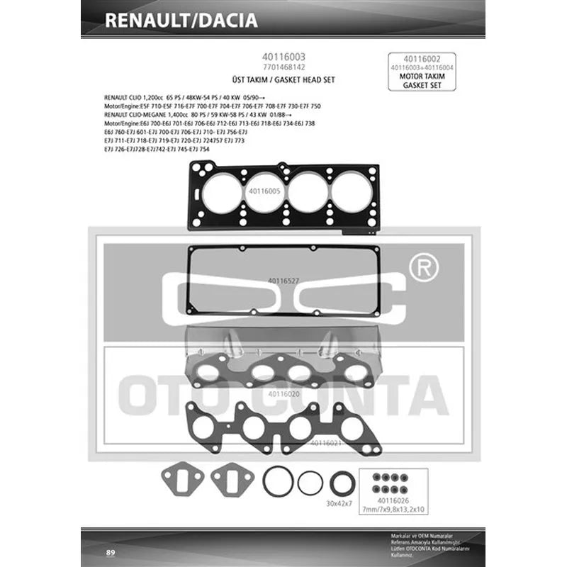 Clio Motor Contası Takım Üst 1990-2002 Oto Conta 7701466343